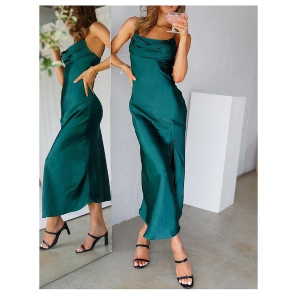 Green long formal cowl neck slip midi dress w/ leg slits & adjustable straps, M‎
